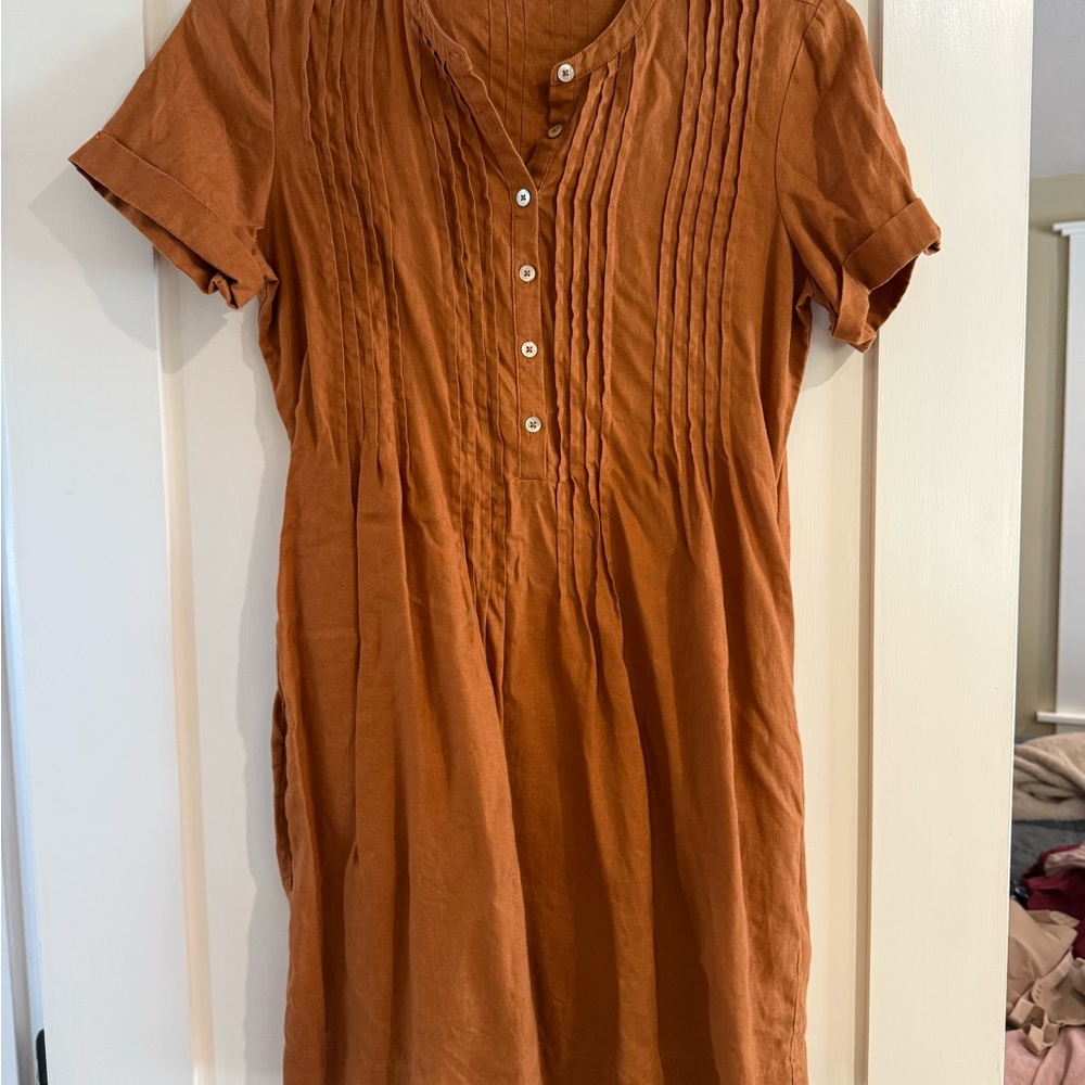 Quince Terracotta Pleated Button-Up Linen Dress